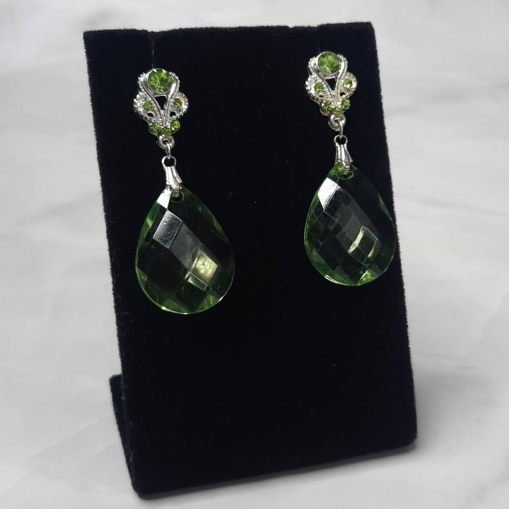 Pale Green Faceted Dangle Earrings Crystal Embellished